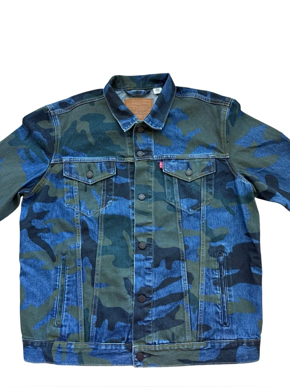 Levis Premium Camo Trucker Denim Jean Jacket Mens XL Blue Green Big E